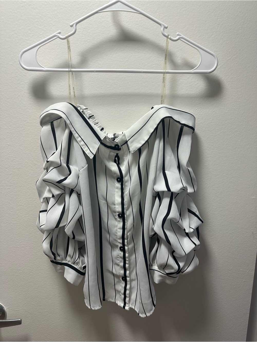 Charlotte Russe White Off-Shoulder Button Front Top with Black Stripes